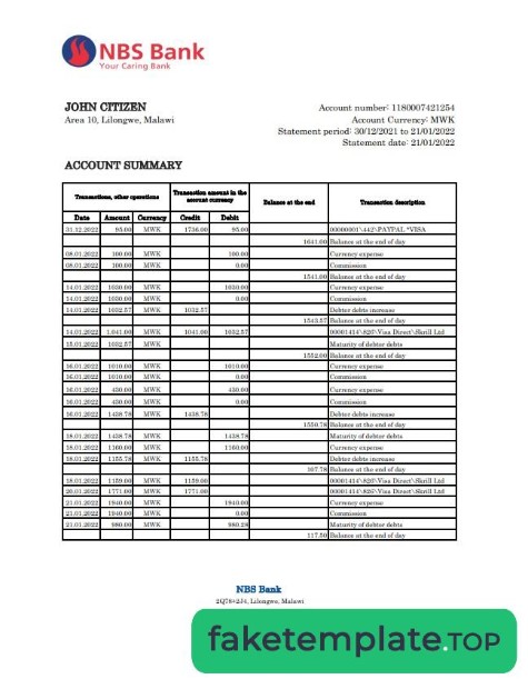 Feature of fake Malawi NBS bank statement xls